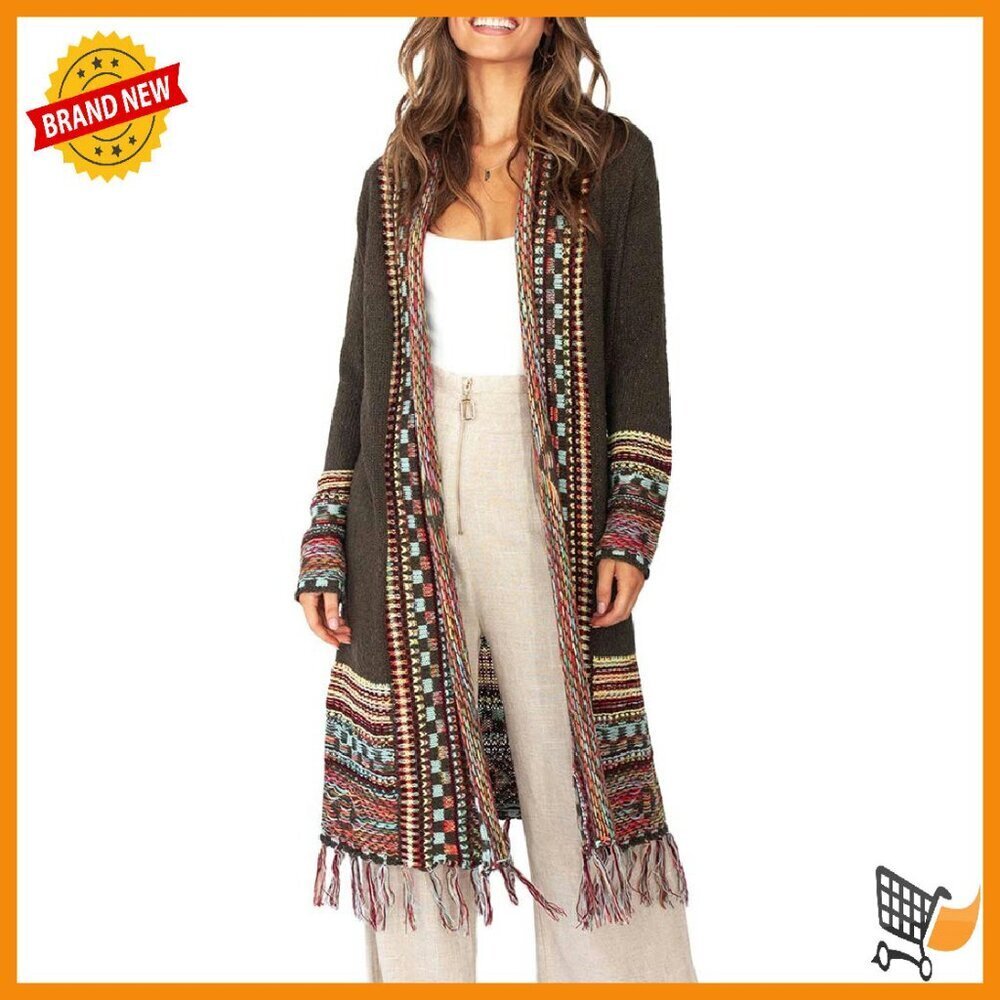 Long Open Front Cardigan Sweater with Tassel Fringe, 100% Acrylic